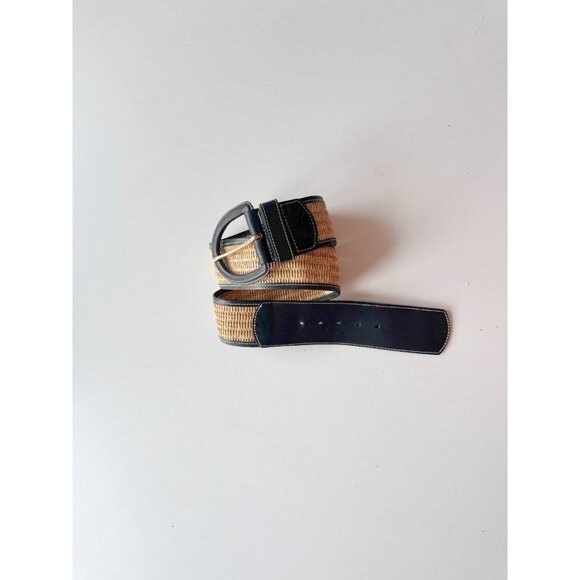 STEFANEL Black Leather Tan Raffia Wide Belt, Size 3 - Picture 3 of 11